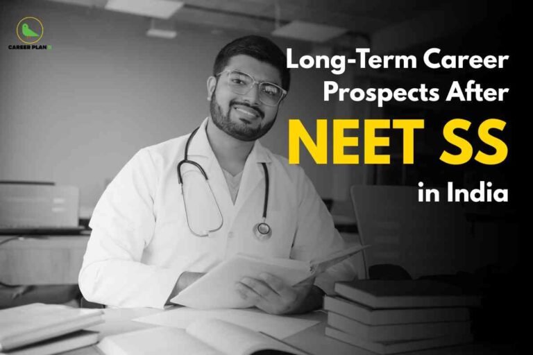 A black-and-white image showing a young male doctor with a beard and glasses, wearing a white coat and a stethoscope around his neck. He is smiling, holding a notepad or tablet in his hands, and seated at a desk with several open and stacked books. In the upper left corner, the Career Plan B logo appears, featuring a green bird and the company name in black and green text. The right side of the image contains bold, prominent text: 'Long-Term Career Prospects After NEET SS in India,' with 'NEET SS' highlighted in bright yellow. The background shows an indoor office or study space, suggesting a professional and educational environment related to medical career advancement.