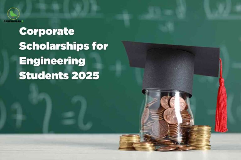 An educational and financial-themed image set against a green chalkboard background with faint mathematical equations and symbols. On the right side, there is a transparent glass jar full of copper coins, with a black graduation cap (featuring a red tassel) placed on top. Beside the jar, there are several neat stacks of gold coins. On the left side, bold white text reads: 'Corporate Scholarships for Engineering Students 2025.' In the top left corner, the Career Plan B logo is visible, featuring a green bird and the company name in black and green text. The image reflects the concept of scholarship funding, financial support, and academic achievement for engineering students.