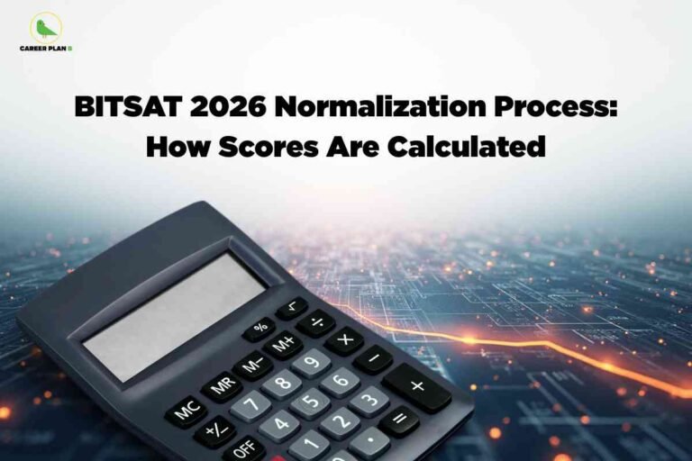 An image showing a calculator placed against a futuristic digital cityscape background with circuit board patterns. The title "BITSAT 2026 Normalization Process: How Scores Are Calculated" appears in large black text at the top, with the Career Plan B logo in the upper left corner.