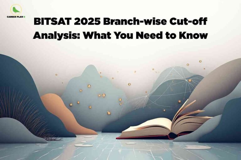 An artistic illustration showing an open book floating on water with mountains in the background and small glowing orbs scattered throughout. The title "BITSAT 2025 Branch-wise Cut-off Analysis: What You Need to Know" appears at the top in black text with the Career Plan B logo in the upper left corner.