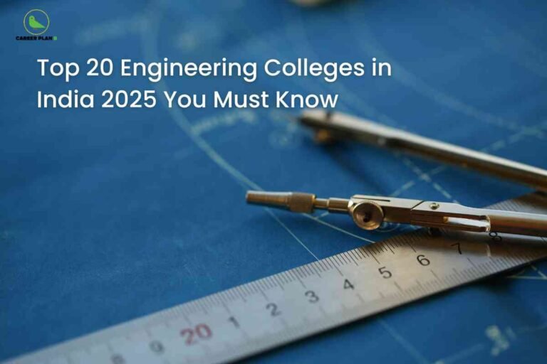 An image showing engineering tools including a compass and ruler on a blue surface, with the title "Top 20 Engineering Colleges in India 2025 You Must Know" displayed in white text at the top. The Career Plan B logo appears in the upper left corner.