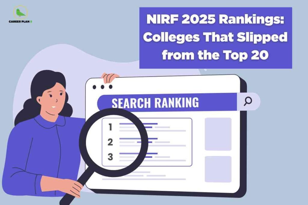 An illustration showing a female figure examining a ranking list on a digital device, with the title "NIRF 2025 Rankings! Colleges That Slipped from the Top 20" displayed prominently in a purple text box. The Career Plan B logo appears in the upper left corner.