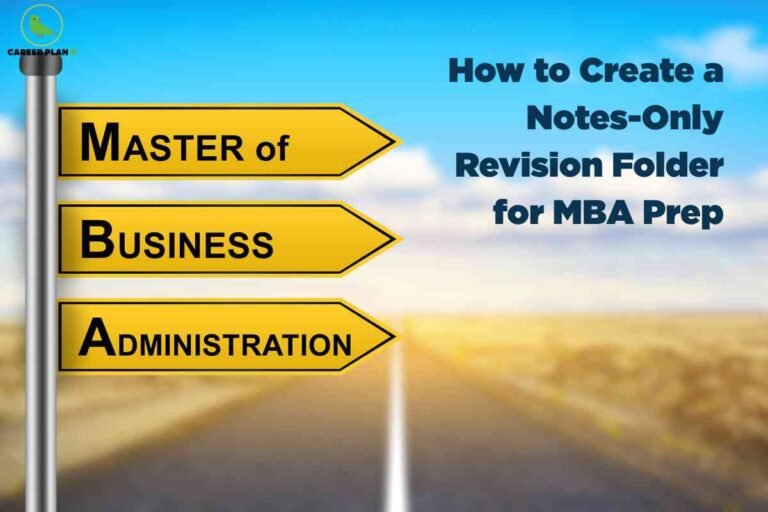 A digital image promoting MBA exam preparation features a bright, sunny road stretching into the distance under a blue sky with scattered clouds, symbolizing a journey or direction. On the left side, three horizontal yellow road signs point to the right, each attached to a vertical metal pole. The signs display, from top to bottom, “MASTER of,” “BUSINESS,” and “ADMINISTRATION,” with the first letter of each word (“M,” “B,” “A”) bolded for emphasis. In the upper right area of the image, bold blue text reads: “How to Create a Notes-Only Revision Folder for MBA Prep.” The upper left corner contains a small green bird logo labeled “Career Plan B.” The composition uses vibrant colors and road imagery to convey guidance and forward movement toward MBA goals.