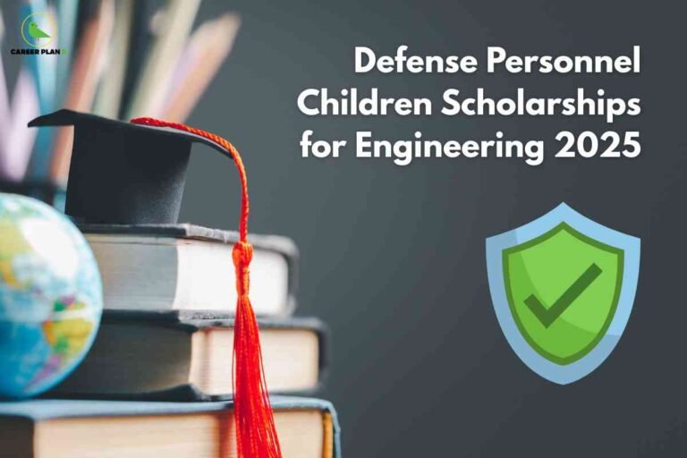 An educational-themed image with a stack of books on the left side, topped by a black graduation cap with a bright red tassel hanging down. Beside the books, a small globe is partially visible, representing global education. On the right side, there is a large green shield icon with a check mark inside, symbolizing protection and security. The background is a solid dark gray. Prominently, bold white text reads: 'Defense Personnel Children Scholarships for Engineering 2025.' In the top left corner, the Career Plan B logo appears, consisting of a green bird and the company name in black and green text. The image conveys the concept of educational scholarships aimed at children of defense personnel pursuing engineering in 2025.