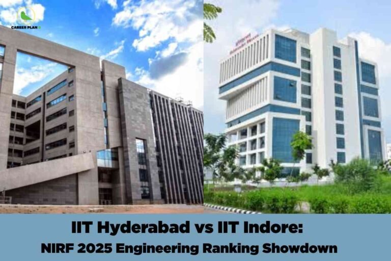 An image showing two modern IIT campus buildings side by side - on the left is IIT Hyderabad with its distinctive contemporary stone-clad architecture featuring angular design elements, and on the right is IIT Indore with its sleek white and blue glass facade building. The title "IIT Hyderabad vs IIT Indore: NIRF 2025 Engineering Ranking Showdown" appears prominently at the bottom with the Career Plan B logo in the upper left corner.