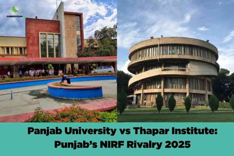 An image showing two distinct university campuses side by side - on the left is Thapar Institute with its modern red and stone facade building featuring contemporary architecture, and on the right is Panjab University's iconic circular architecture with its distinctive curved glass and concrete design. The title "Panjab University vs Thapar Institute: Punjab's NIRF Rivalry 2025" appears prominently at the bottom in a turquoise banner with the Career Plan B logo in the upper left corner.