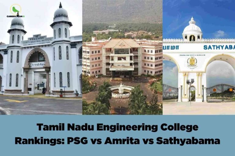 An image showing three different engineering college campuses in Tamil Nadu arranged side by side - on the left is PSG College of Technology with its traditional white Indo-Islamic architectural style featuring domes and minarets, in the center is what appears to be a multi-story residential or administrative building with a modern design, and on the right is Sathyabama Institute with its white institutional building design. The title "Tamil Nadu Engineering College Rankings: PSG vs Amrita vs Sathyabama" appears prominently at the bottom.