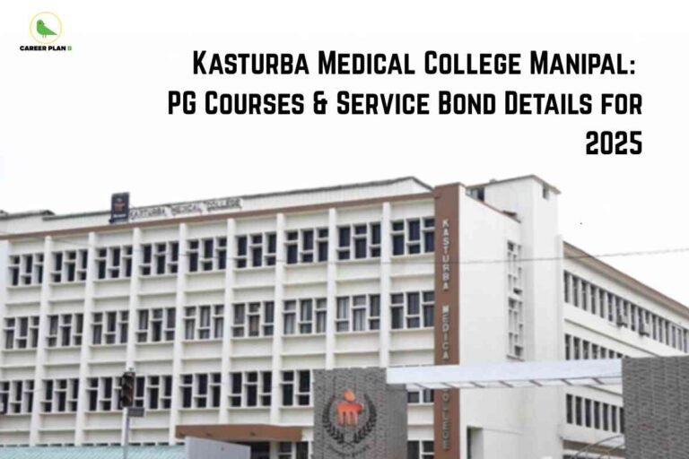 An image showing the modern exterior of Kasturba Medical College Manipal with its institutional white and stone facade architecture. The building displays "KASTURBA MEDICAL COLLEGE" prominently on its front wall, and the title "KASTURBA MEDICAL COLLEGE MANIPAL: PG COURSES & SERVICE BOND DETAILS FOR 2025" appears prominently at the top.