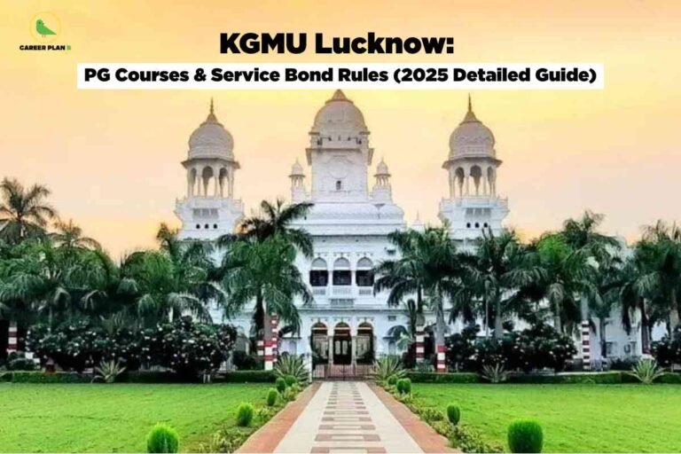 An image showing the majestic white Indo-Islamic architectural facade of King George's Medical University (KGMU) Lucknow, featuring three prominent domed towers with intricate details, arched entrances, and well-maintained gardens. The title "KGMU Lucknow: PG Courses & Service Bond Rules (2025 Detailed Guide)" appears prominently at the top.