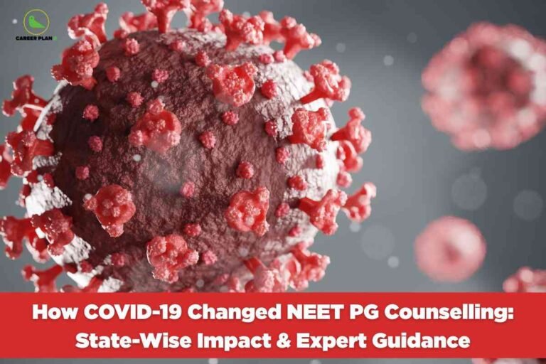 An image showing a detailed 3D rendering of the COVID-19 virus (SARS-CoV-2) with its characteristic spike proteins in red and white colors against a gray background, with additional blurred virus particles visible. The title "How COVID-19 Changed NEET PG Counselling: State-Wise Impact & Expert Guidance" appears prominently at the bottom in a red banner.