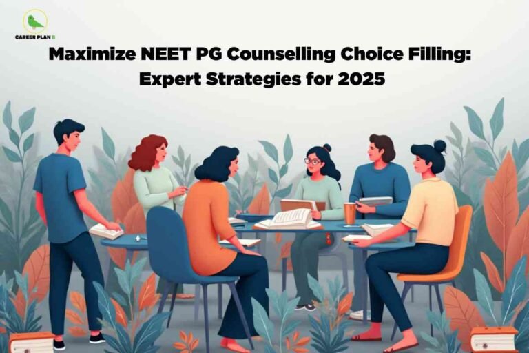 Illustration of six medical students gathered around a conference table discussing NEET PG choice filling strategies, with documents and coffee cups visible on the table, surrounded by decorative green and orange foliage, featuring Career Plan B logo and headline "Maximize NEET PG Counselling Choice Filling: Expert Strategies for 2025"