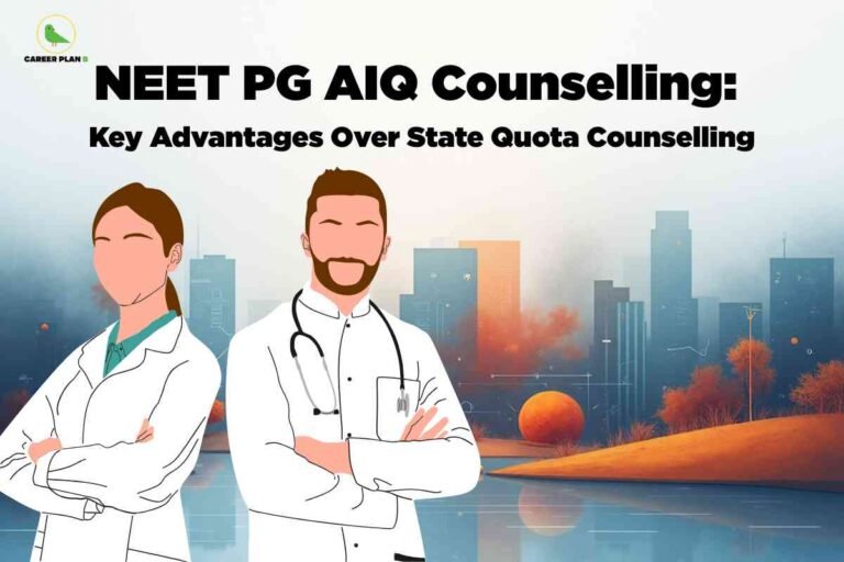 Two confident doctors in white coats standing against a city skyline backdrop illustrating NEET PG AIQ counselling advantages, with Career Plan B logo and text "Key Advantages Over State Quota Counselling"