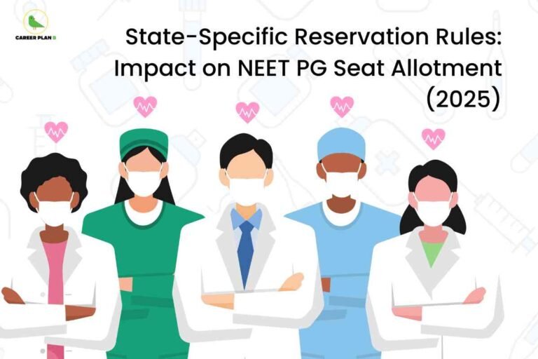 Five diverse healthcare professionals in medical uniforms and face masks representing different specialties, illustrating NEET PG reservation rules impact on seat allocation with Career Plan B logo and pink heart medical icons