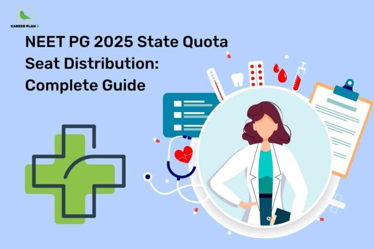 Female doctor in white coat with stethoscope surrounded by medical icons including green cross, documents, and syringe, representing NEET PG state quota seat distribution guide with Career Plan B logo.
