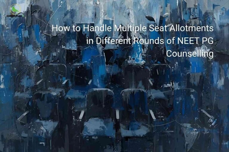 Abstract blue and black textured artwork with "PG" letters prominently displayed, illustrating NEET PG multiple seat allotment strategies across different counselling rounds with Career Plan B logo.