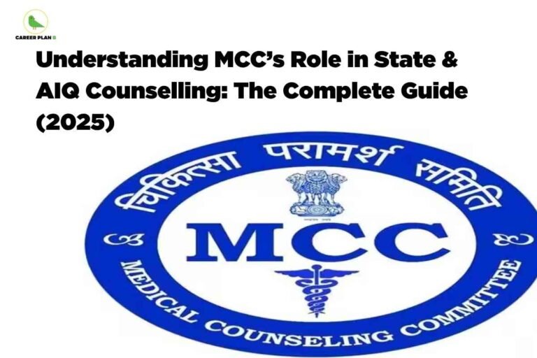 Official MCC Medical Counselling Committee logo with Indian government emblem and caduceus symbol, representing MCC's Role in State & AIQ Counselling for NEET PG 2025 with Career Plan B branding