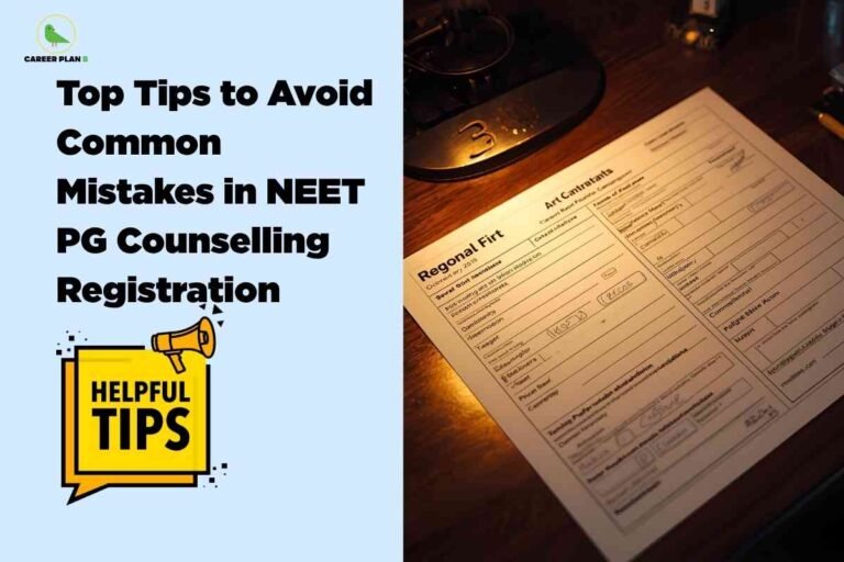 Split-screen image showing yellow "Helpful Tips" speech bubble with megaphone icon and official NEET PG registration forms, illustrating NEET PG counselling Registration tips with Career Plan B logo