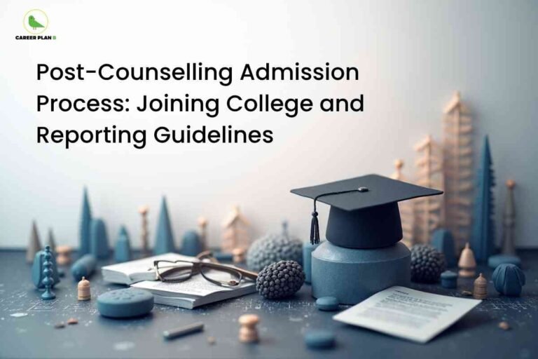 Black graduation cap with tassel sitting on books beside eyeglasses and documents against a blurred university campus backdrop, representing the post counselling admission process with Career Plan B logo