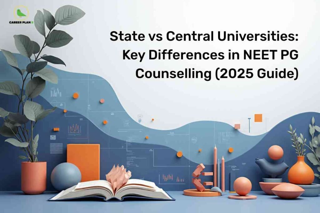 Open book with decorative geometric shapes, plants, and orange spheres against blue mountain backdrop, illustrating state vs central universities NEET PG counselling differences with Career Plan B logo