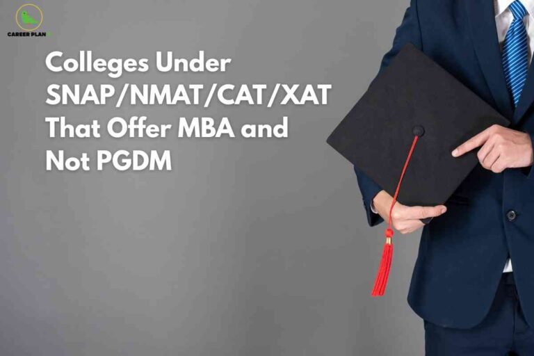 An educational and graduation-themed image with a solid gray background. On the right side, a person wearing a dark blue suit, blue striped tie, and white shirt is holding a black graduation cap with a red tassel. The person's face is not visible, as the image is cropped at the shoulders. Large bold white text on the left reads: 'Colleges Under SNAP/NMAT/CAT/XAT That Offer MBA and Not PGDM.' In the upper left corner, the Career Plan B logo appears, featuring a green bird and the company name in black and green text. The image conveys the concept of post-graduate admission, highlighting institutions offering MBA degrees via popular management entrance exams rather than PGDM programs.