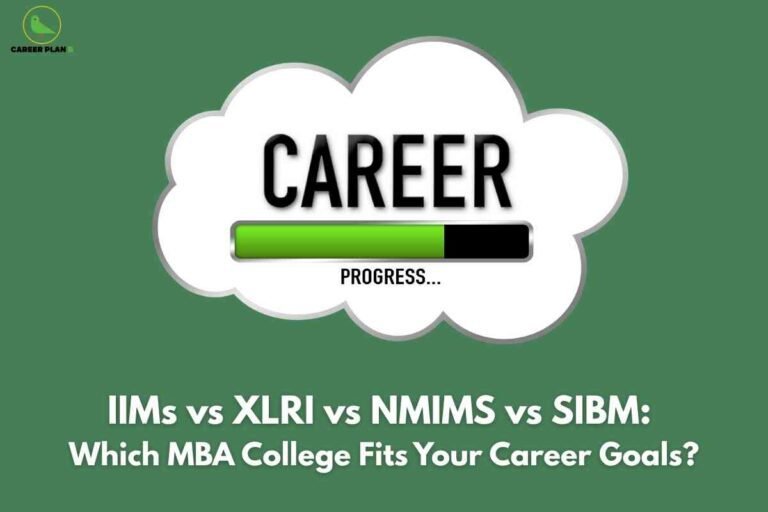 A career-focused image with a green background and a large white cloud shape in the center. Inside the cloud, the word 'CAREER' is displayed in bold black uppercase letters, with a progress bar underneath that is partially filled in green and partially black. Below the progress bar is the word 'PROGRESS...' in smaller black letters. Below the cloud, bold white text reads: 'IIMs vs XLRI vs NMIMS vs SIBM: Which MBA College Fits Your Career Goals?' In the top left corner, the Career Plan B logo is visible, featuring a green bird and the company name in black and green text. The image visually conveys the idea of career planning and deciding among top MBA colleges in India for goal alignment.