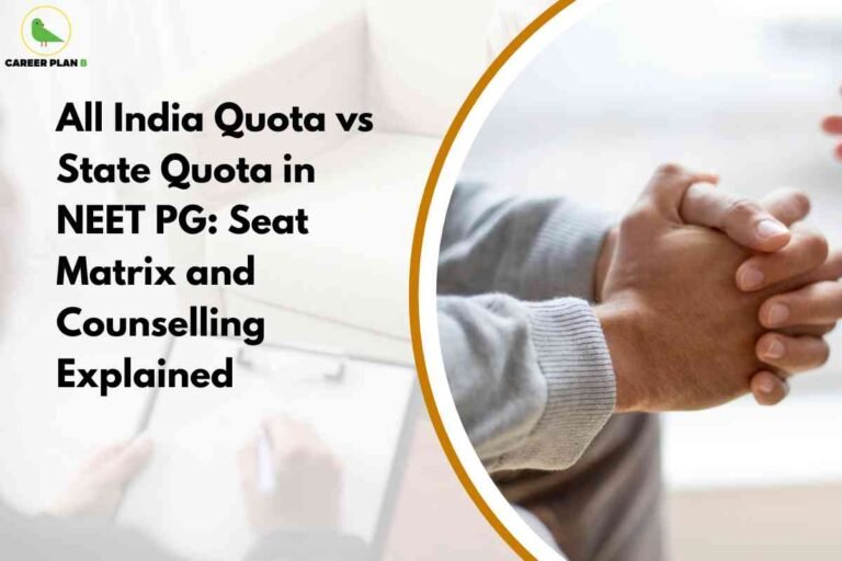All India Quota vs State Quota NEET PG infographic from Career Plan B showing "All India Quota vs State Quota in NEET PG: Seat Matrix and Counselling Explained" with professional handshake representing counselling collaboration, illustrating key differences between AIQ (50% government seats, MCC-conducted, open to all) versus State Quota (50% government + 100% private seats, state-conducted, domicile-specific) with distinct eligibility, reservation policies, and strategic considerations for NEET PG aspirants.