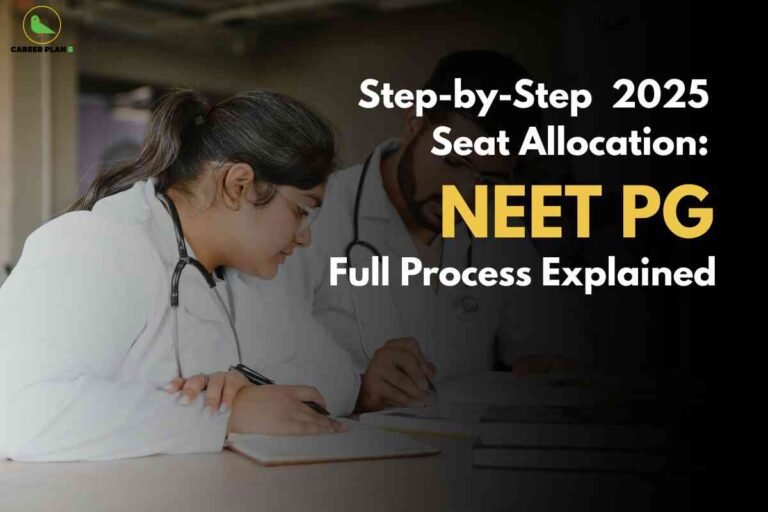 NEET PG seat allocation process 2025 infographic from Career Plan B showing "Step-by-Step 2025 Seat Allocation: NEET PG Full Process Explained" with two medical students studying together, representing comprehensive five-step process: online registration on MCC portal, choice filling and locking, automated seat allotment based on rank and preferences, reporting to allotted college with documents, and upgradation options across multiple counselling rounds for securing optimal PG medical seats.