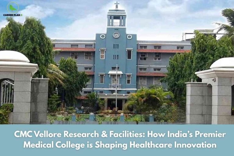 An image showing CMC Vellore campus with a blue clock tower topped by a cross, surrounded by hospital buildings and greenery. The Career Plan B logo appears in the upper left corner.