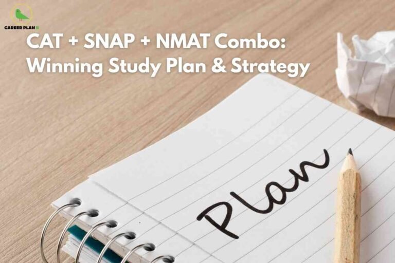 An image with a wooden desk background featuring a spiral-bound notebook open to a ruled page. On the notebook page, "Plan" is written in bold black ink. A wooden pencil points toward the word "Plan" from the lower right corner, and a crumpled piece of paper sits in the upper right background, suggesting planning and brainstorming. At the top left, the Career Plan B logo with a green bird appears. Bold white text overlays the image at the top, reading: "CAT + SNAP + NMAT Combo: Winning Study Plan & Strategy." The visual conveys the idea of strategic preparation and systematic planning for successfully tackling multiple MBA entrance exams.