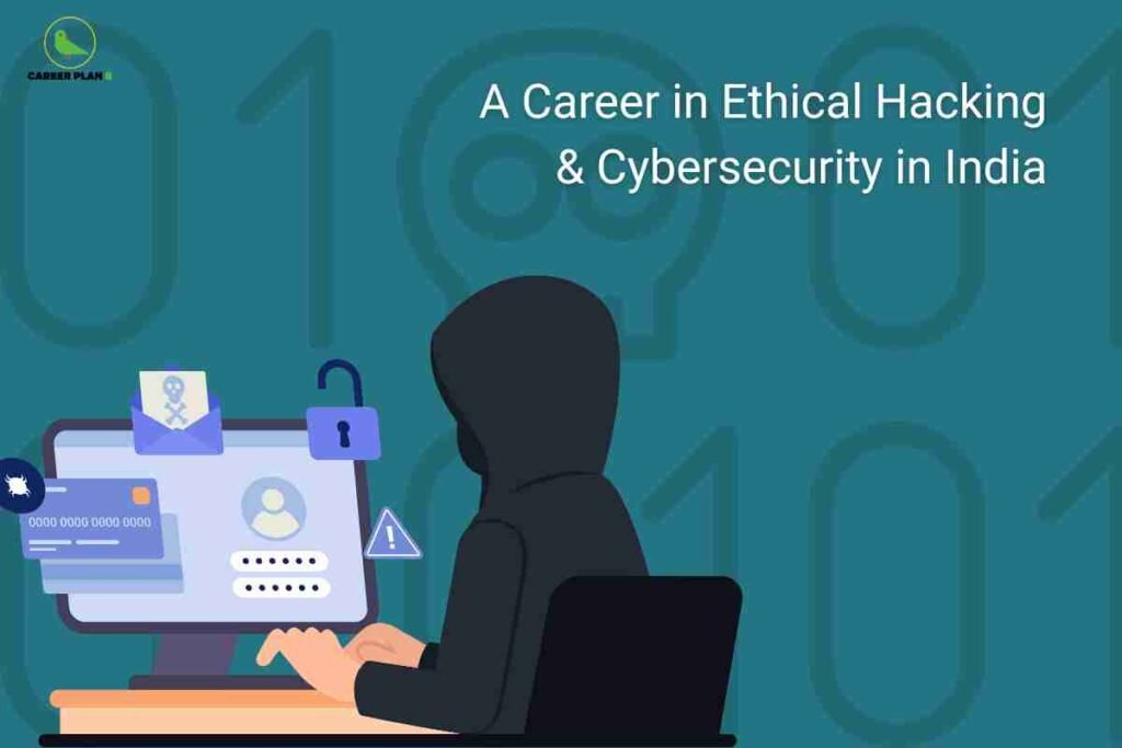 An illustration showing a person in a hooded silhouette sitting at a laptop with cybersecurity icons around them including security warnings, locks, credit cards, and passwords. The Career Plan B logo appears in the top left, with white text reading "A Career in Ethical Hacking & Cybersecurity in India" against a teal gradient background with binary code patterns.
