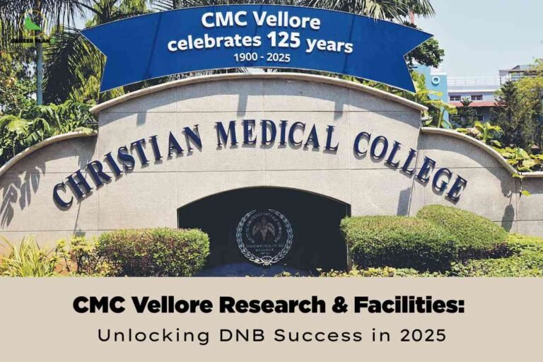 The image displays the main entrance signage of Christian Medical College (CMC) Vellore. The entrance features a grand, curved stone wall with large, bold metallic letters spelling "CHRISTIAN MEDICAL COLLEGE." Above the gate, a dark blue banner celebrates "CMC Vellore celebrates 125 years 1900-2025." There is lush green landscaping in front, with well-trimmed bushes and various plants. The CMC emblem is visible in the archway beneath the college sign. In the foreground, a beige banner with bold black text reads, "CMC Vellore Research & Facilities: Unlocking DNB Success in 2025." The Career Plan B logo, depicting a green bird, is in the upper left corner. The image is visually designed to highlight the research achievements and advanced facilities available at CMC Vellore for DNB candidates in 2025.
