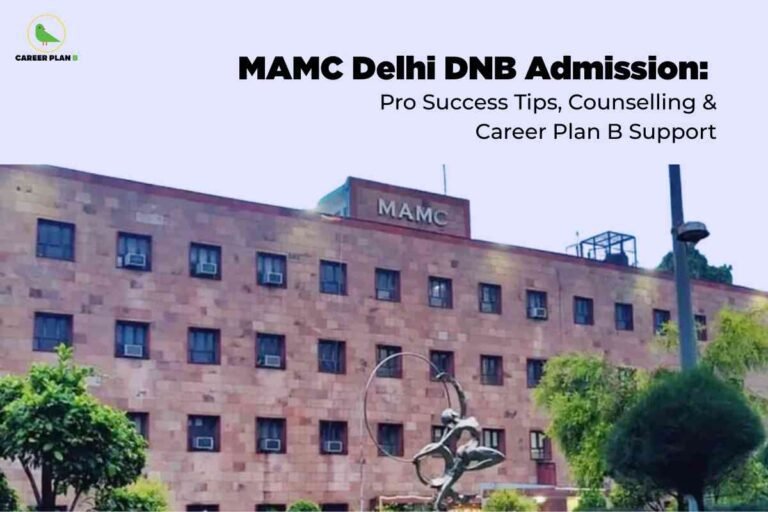 The image shows the facade of Maulana Azad Medical College (MAMC) Delhi, a multi-story building constructed with reddish-brown stone and featuring a grid of square windows, most of which have air conditioning units installed. At the center top, a signboard displays "MAMC." In the foreground, there is a distinctive modern art sculpture of a human form interacting with a large metallic hoop, surrounded by landscaped greenery and trees. The top left corner features the Career Plan B logo—a green bird. Across the upper half, bold black text reads: "MAMC Delhi DNB Admission: Pro Success Tips, Counselling & Career Plan B Support." The setting and design emphasize the institution’s significance for DNB aspirants and support services.