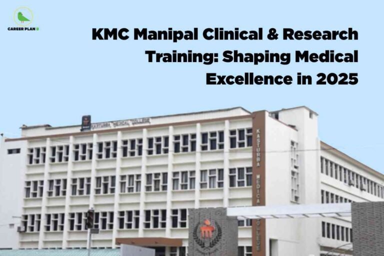 The image shows the main building of Kasturba Medical College (KMC) Manipal, recognized by its large, white multi-story structure featuring grids of identical vertical and horizontal windows. The right side of the building has a vertical brown panel with the words "Kasturba Medical College" written on it. At the entrance stands a large sign with the KMC emblem and logo. The sky above is a clear light blue. In the upper left corner is the Career Plan B logo—a green bird with text. Prominently at the top center, bold black text reads: "KMC Manipal Clinical & Research Training: Shaping Medical Excellence in 2025." The visual highlights KMC Manipal’s commitment to clinical and research advancement.