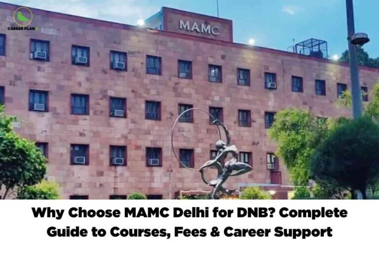 Front view of Maulana Azad Medical College (MAMC) Delhi building with medical sculpture in the courtyard, representing MAMC Delhi DNB program offering advanced training, courses, and career opportunities for postgraduate medical students.