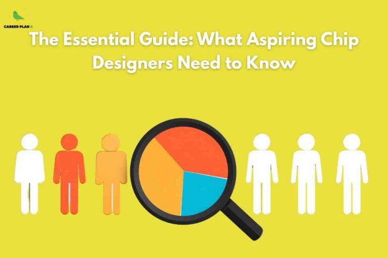 The image features a bright yellow background with the title "The Essential Guide: What Aspiring Chip Designers Need to Know" in large, bold white text centered at the top. In the top left corner is a small green logo with a bird and the words "CAREER PLAN B". Below the text, there is a row of six human figure icons: the two on the left and the three on the right are white, while the two in the middle are orange and light orange, respectively, representing diversity or selection. Overlapping the center group of figures is a large black magnifying glass, inside which is a colorful pie chart with three segments in orange, yellow, and blue, symbolizing analysis or breaking down essential information. The visual style is flat and modern, emphasizing clarity, selection, and guidance for aspiring chip designers.