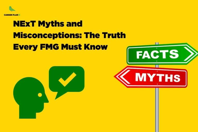 Illustration showing green and red signboards labeled facts and myths with a checkmark icon, representing common NExT exam myths and misconceptions among FMG and MBBS students preparing for the National Exit Test in India.