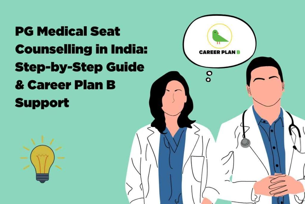 Illustration of doctors with stethoscopes representing PG medical counselling 2025 in India, showing the step-by-step seat allotment process and Career Plan B guidance for postgraduate medical admissions.