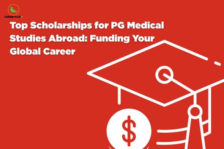 Graphic of graduation cap and dollar symbol on red background representing scholarships for PG medical abroad, highlighting international funding options and financial aid for postgraduate medical students.