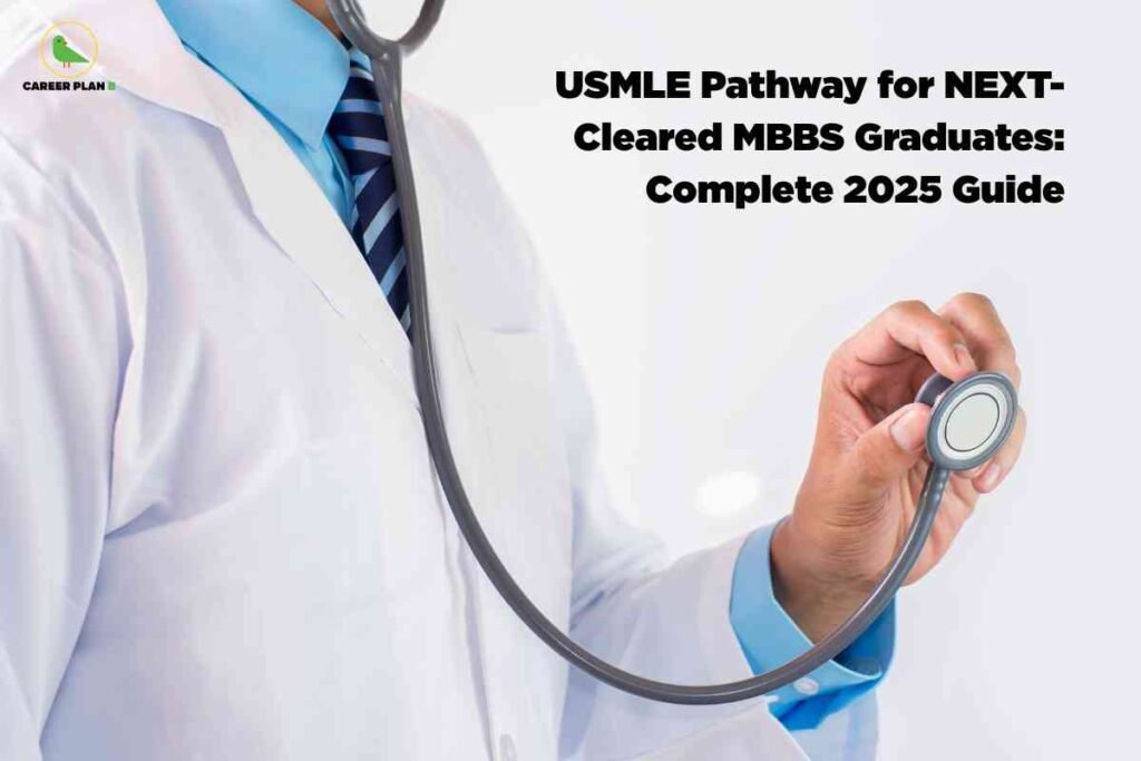 Doctor holding a stethoscope representing the USMLE pathway for NExT graduates, explaining the step-by-step guide for MBBS students in India to qualify for postgraduate medical studies and residency in the USA.