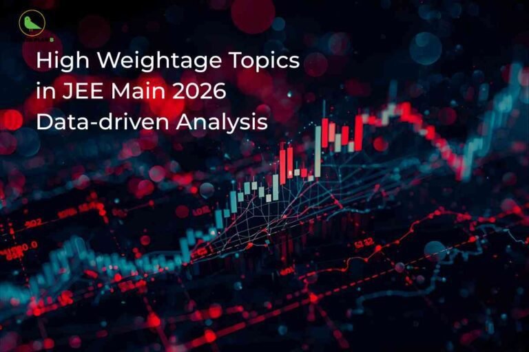 Futuristic background of stock market-style red and blue digital graphs and data visualization, illustrating analysis and trends; bold white text at the top left reads "High Weightage Topics in JEE Main 2026 Data-driven Analysis" with the Career Plan B logo in the upper left.