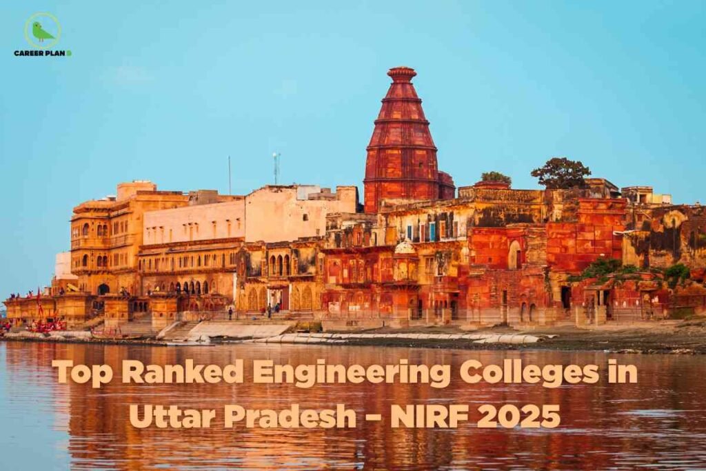 Riverside view of historic sandstone architecture and temple in Uttar Pradesh at sunset, with orange and gold reflections in the water, visually highlighting top engineering colleges UP ranked by NIRF 2025; Career Plan B logo at the top left and bold headline over the water.