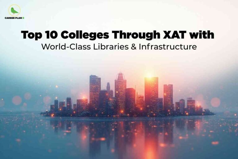 City skyline illustration representing modern academic infrastructure and premium learning facilities, highlighting the world-class libraries and campus resources offered by XAT top colleges.