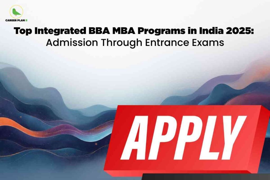 Apply button graphic with colorful abstract background representing admissions for Integrated BBA MBA programs in India through entrance exams.