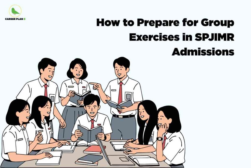 “A group of students participating in an SPJIMR group exercise, collaborating around books and a laptop, discussing ideas as part of the admission preparation activity.”