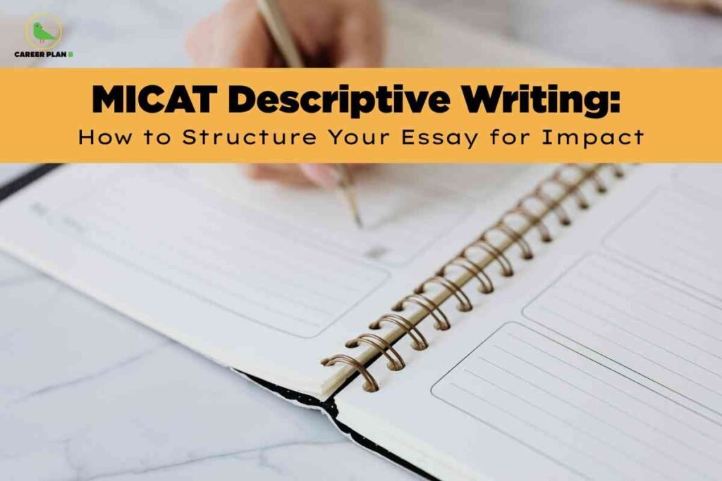 A student writing in a notebook with a pen, representing MICAT descriptive writing preparation and structured essay planning for impactful responses.