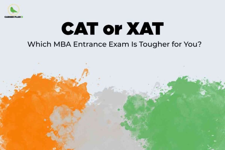 CAT vs XAT difficulty comparison banner showing exam title text and abstract orange, grey and green splash background to illustrate toughness differences between the two MBA entrance exams.