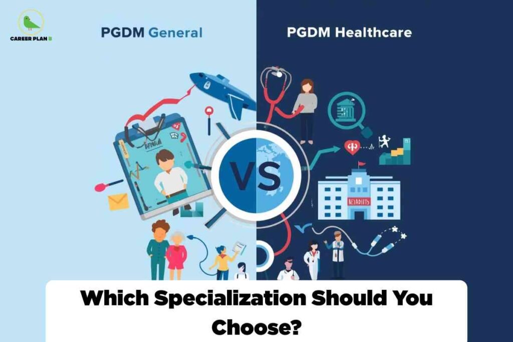 Comparison graphic for TAPMI PGDM General vs Healthcare showing illustrations of general management careers on the left and healthcare management roles on the right, highlighting specialization differences for students.