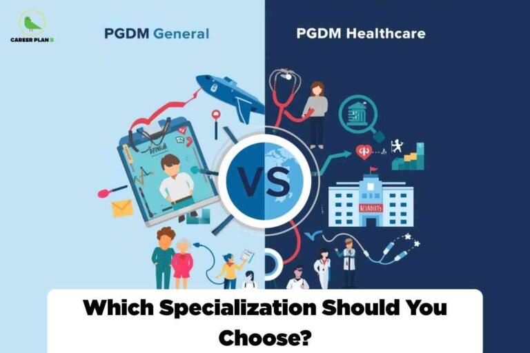 Comparison graphic for TAPMI PGDM General vs Healthcare showing illustrations of general management careers on the left and healthcare management roles on the right, highlighting specialization differences for students.
