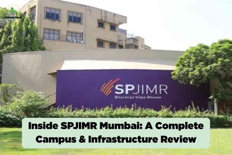 SPJIMR Mumbai campus front view showing the main SPJIMR signage, academic block, greenery, and landscaping, providing a visual highlight for a detailed SPJIMR campus review.