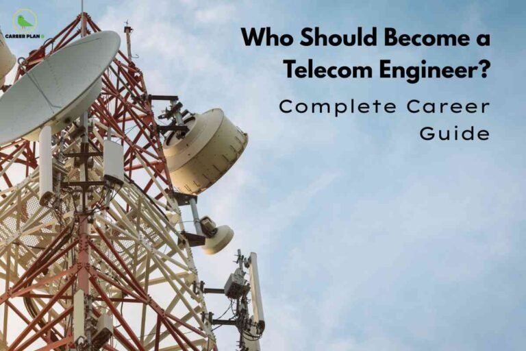 Photo featuring a tall telecom tower with multiple large circular satellite dishes and antenna panels, set against a blue sky with soft clouds. The structure is composed of red and white metal frameworks, with visible cables and technological equipment emphasizing modern telecommunications infrastructure. In the top left corner is a green 'Career Plan B' logo with a bird. On the right side of the image, bold black text reads, 'Who Should Become a Telecom Engineer? Complete Career Guide.' The image visually represents career opportunities and guidance in the telecommunications engineering field, highlighting industry technology and network connectivity.